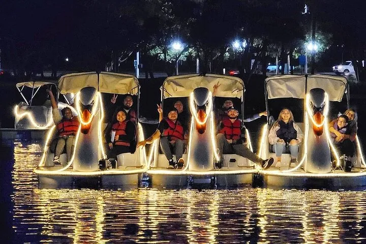 Illuminated Swan Boat Night Ride on Rainbow Lagoon in Long Beach